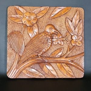 Mid Century Hand Carved Wood Relief Bird on Branch with Flowers Wall Hanging